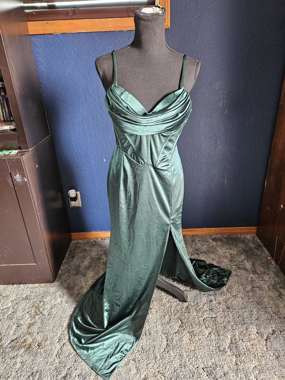 Haute Monde Emerald Green Satin Spaghetti Strap Prom Gown